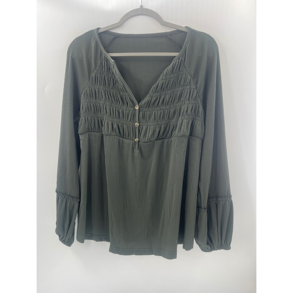 OIBILI Olive Green Ribbed Smocked V-Neck Blouse Long Sleeve Ruffle Cuff Top L